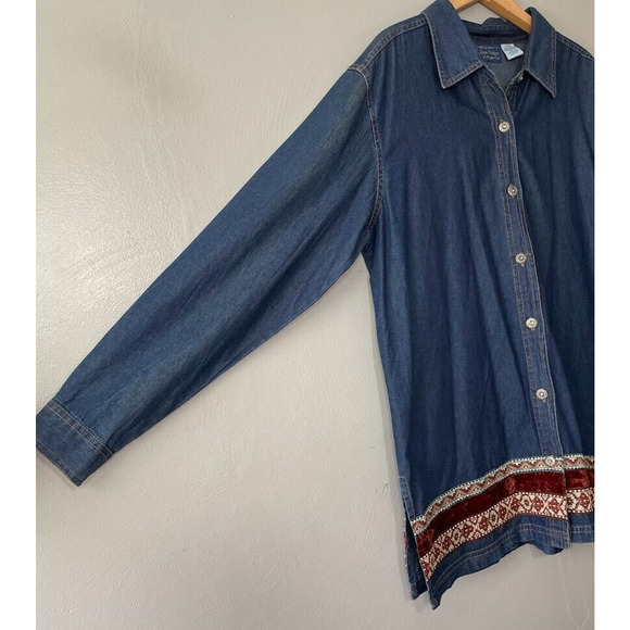 Willow Ridge Womens Size XL Artsy Blue Jean Denim Shirt Velvet Boho Aztec Tunic - Picture 2 of 8
